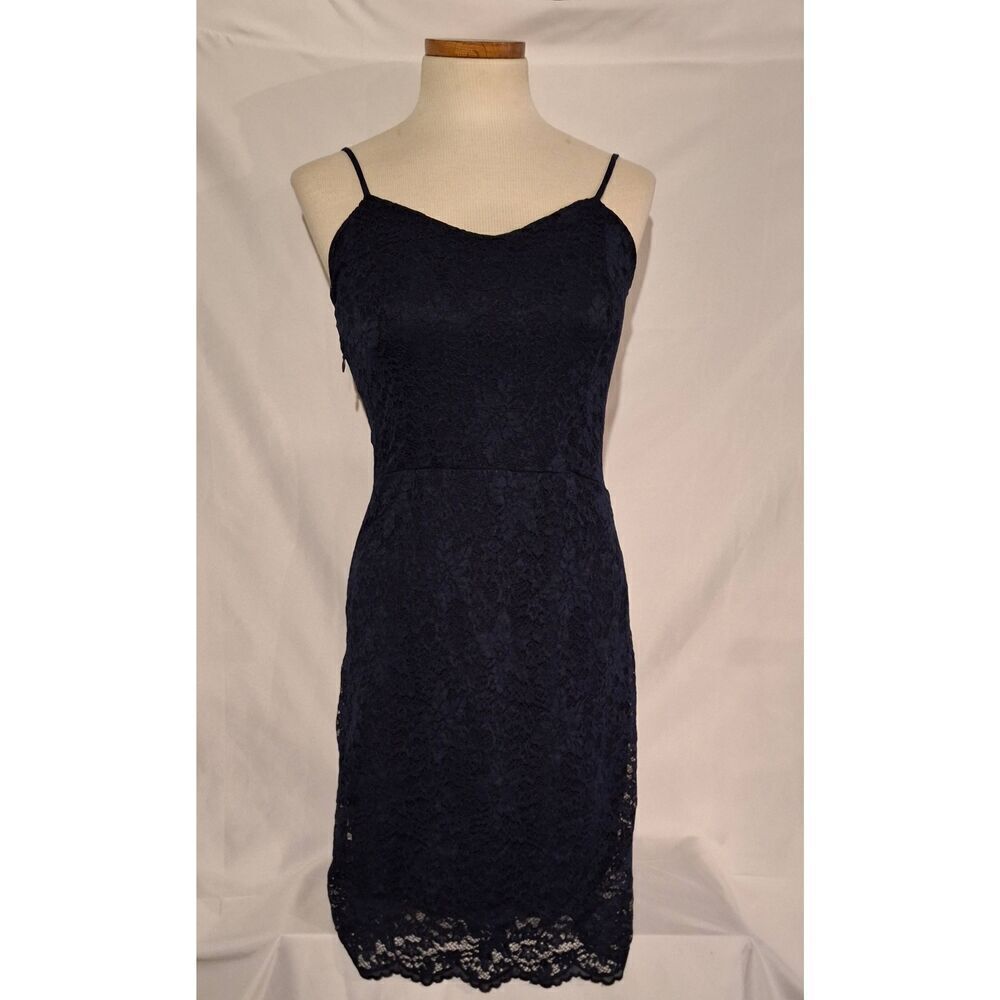 Fraiche by J Womens Navy Lace Overlay Bodycon Spaghetti‎ Strap Mini Dress Size L